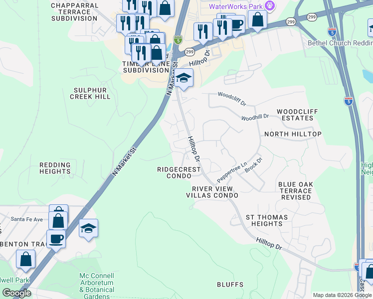 map of restaurants, bars, coffee shops, grocery stores, and more near 481 Ridgecrest Trail in Redding