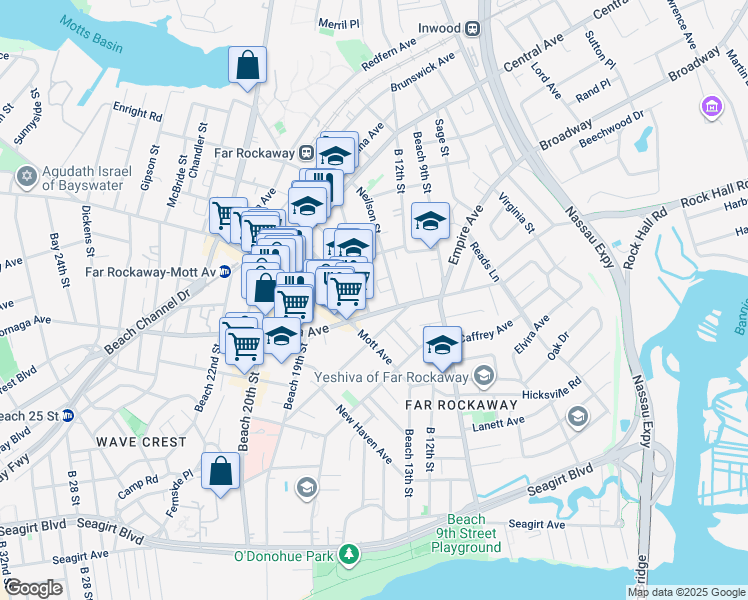 map of restaurants, bars, coffee shops, grocery stores, and more near 12 Nameoke Street in Queens