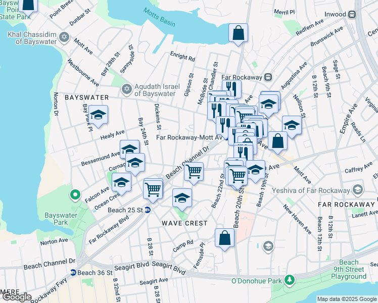 map of restaurants, bars, coffee shops, grocery stores, and more near 10-41 McBride Street in Queens