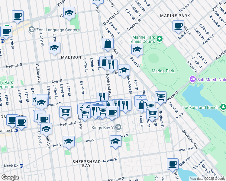 map of restaurants, bars, coffee shops, grocery stores, and more near 3315a Nostrand Avenue in Brooklyn