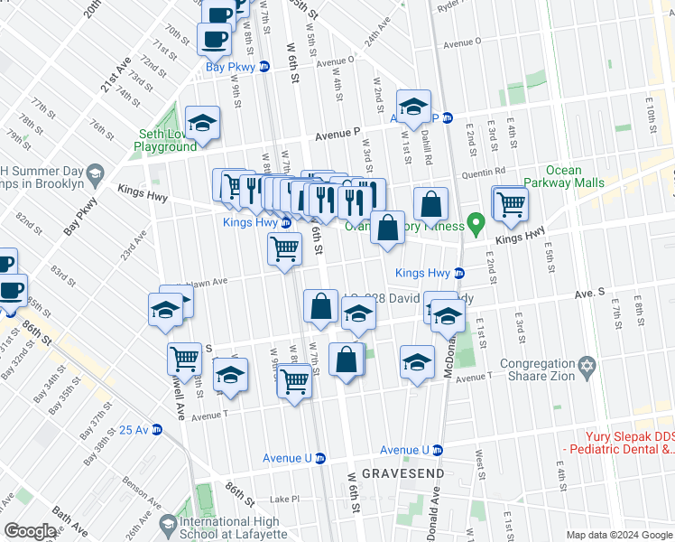 map of restaurants, bars, coffee shops, grocery stores, and more near 195 Highlawn Avenue in Brooklyn