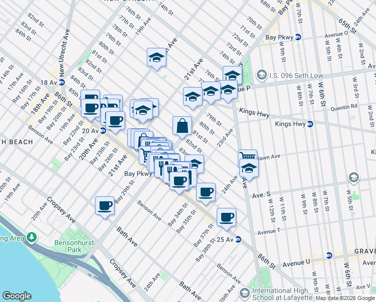 map of restaurants, bars, coffee shops, grocery stores, and more near 2240 82nd Street in Brooklyn