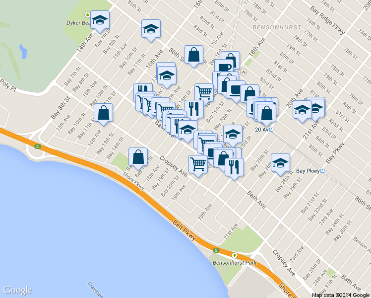 map of restaurants, bars, coffee shops, grocery stores, and more near 1822 Bath Avenue in Brooklyn