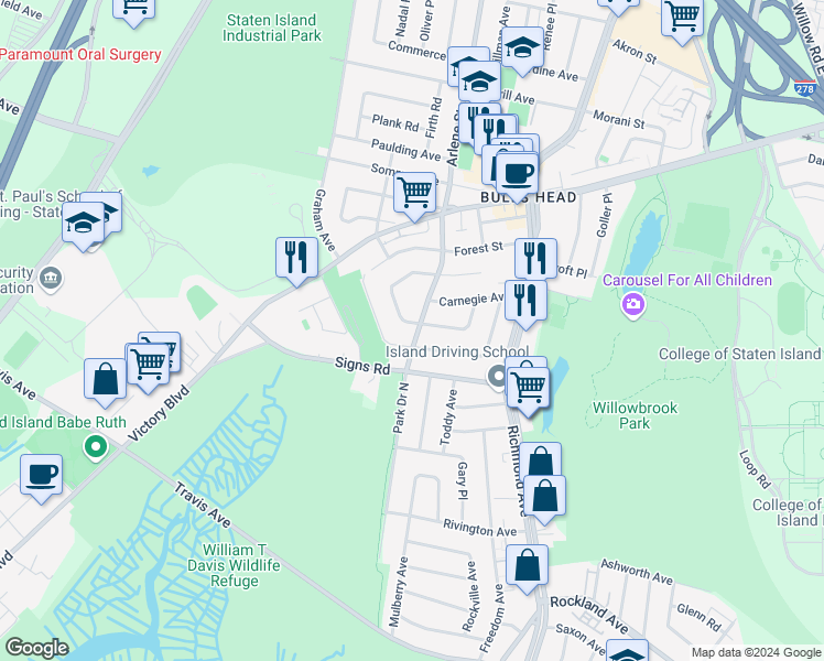 map of restaurants, bars, coffee shops, grocery stores, and more near 101 Dawson Circle in Staten Island