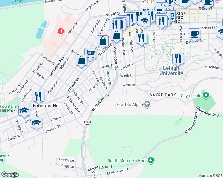 map of restaurants, bars, coffee shops, grocery stores, and more near 907 Wyandotte Street in Bethlehem