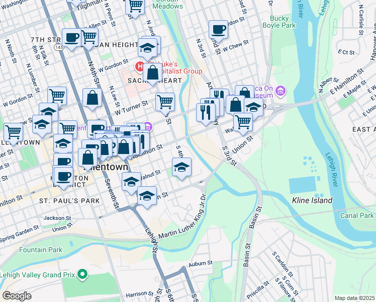 map of restaurants, bars, coffee shops, grocery stores, and more near 15 South 4th Street in Allentown