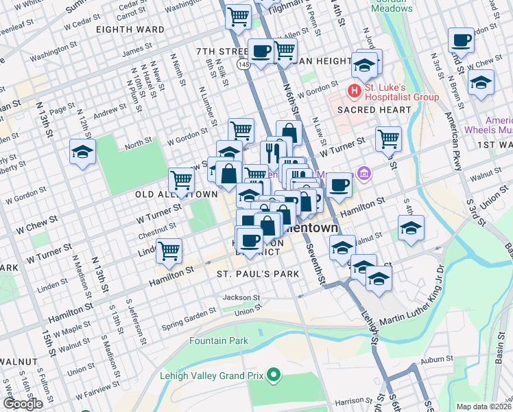 map of restaurants, bars, coffee shops, grocery stores, and more near 107 North Eighth Street in Allentown