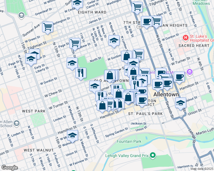 map of restaurants, bars, coffee shops, grocery stores, and more near in Allentown