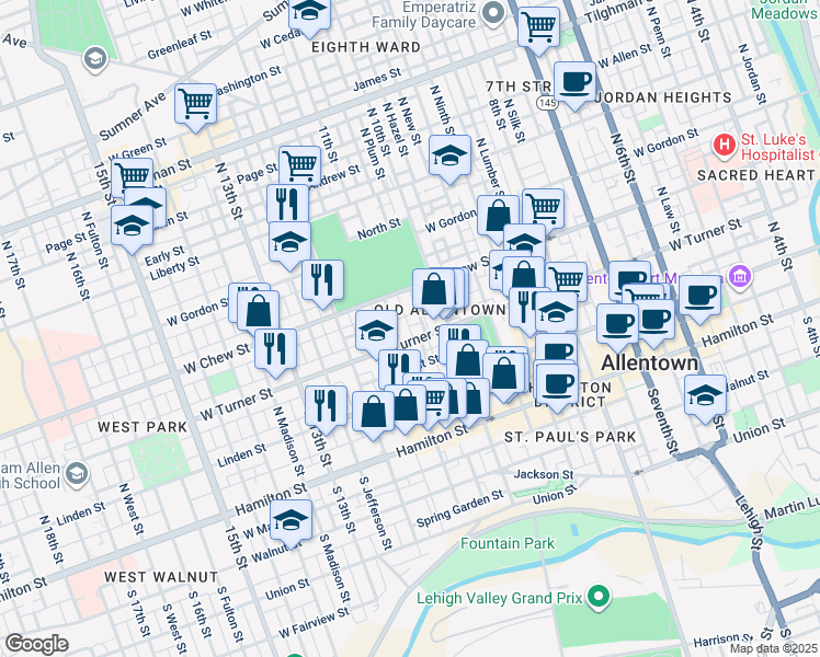 map of restaurants, bars, coffee shops, grocery stores, and more near 223 11th Street in Allentown