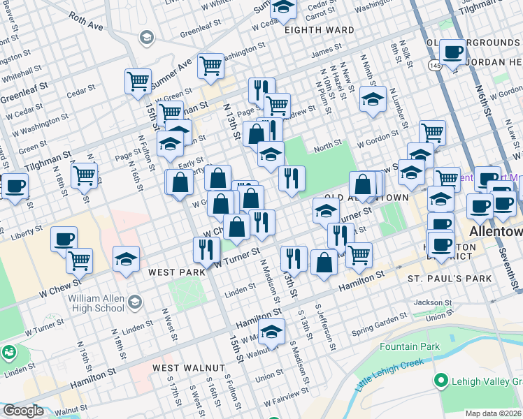 map of restaurants, bars, coffee shops, grocery stores, and more near 311 North 13th Street in Allentown