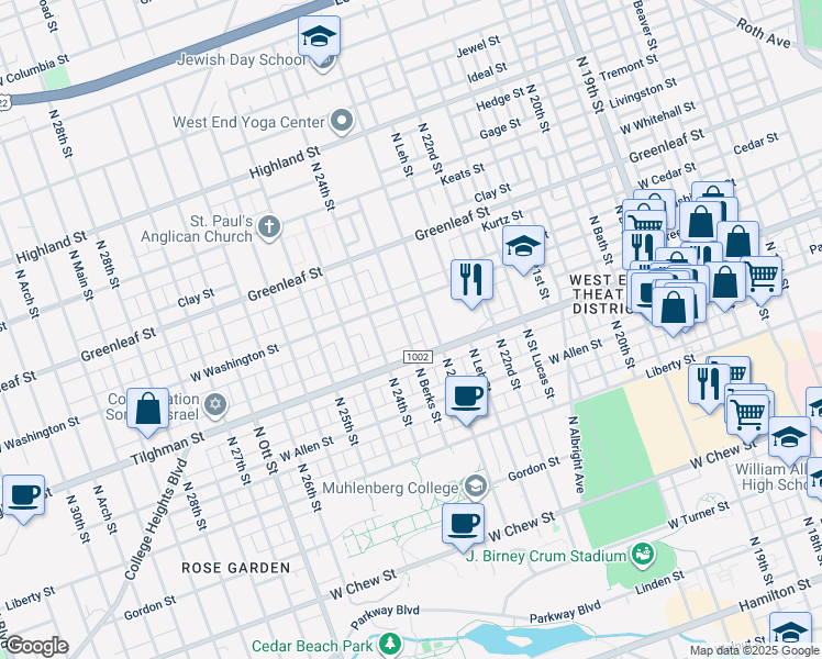 map of restaurants, bars, coffee shops, grocery stores, and more near 728 North 23rd Street in Allentown
