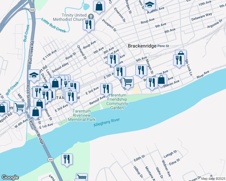 map of restaurants, bars, coffee shops, grocery stores, and more near 641 East 2nd Avenue in Tarentum