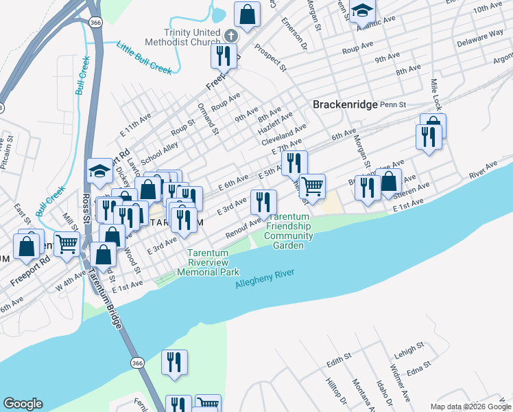 map of restaurants, bars, coffee shops, grocery stores, and more near 641 East 2nd Avenue in Tarentum