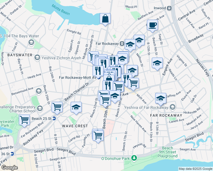 map of restaurants, bars, coffee shops, grocery stores, and more near 10-46 Beach 21st Street in Queens