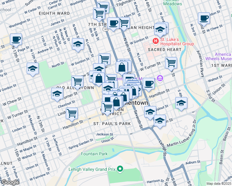 map of restaurants, bars, coffee shops, grocery stores, and more near 107 North Eighth Street in Allentown