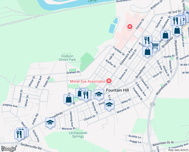 map of restaurants, bars, coffee shops, grocery stores, and more near 1209 Russell Avenue in Fountain Hill