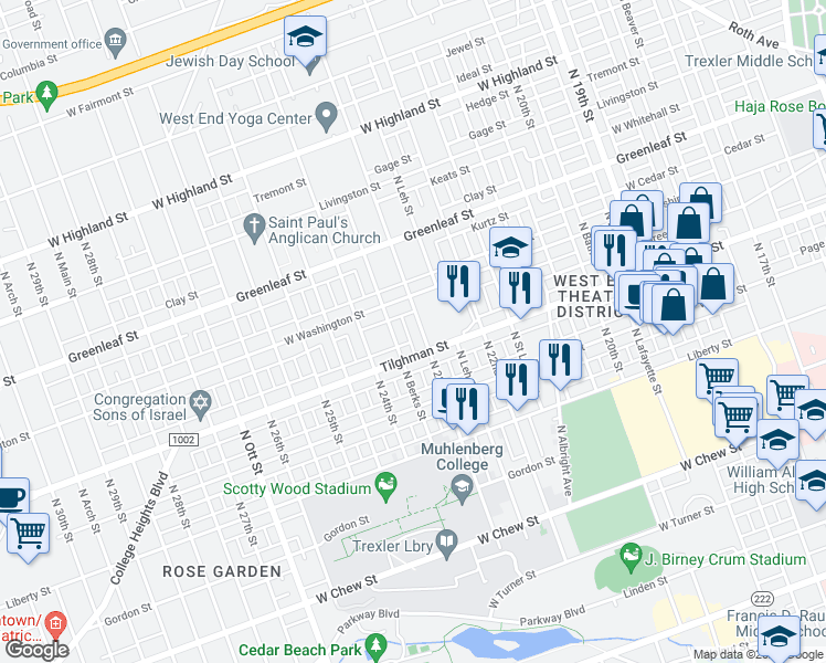 map of restaurants, bars, coffee shops, grocery stores, and more near 728 North 23rd Street in Allentown