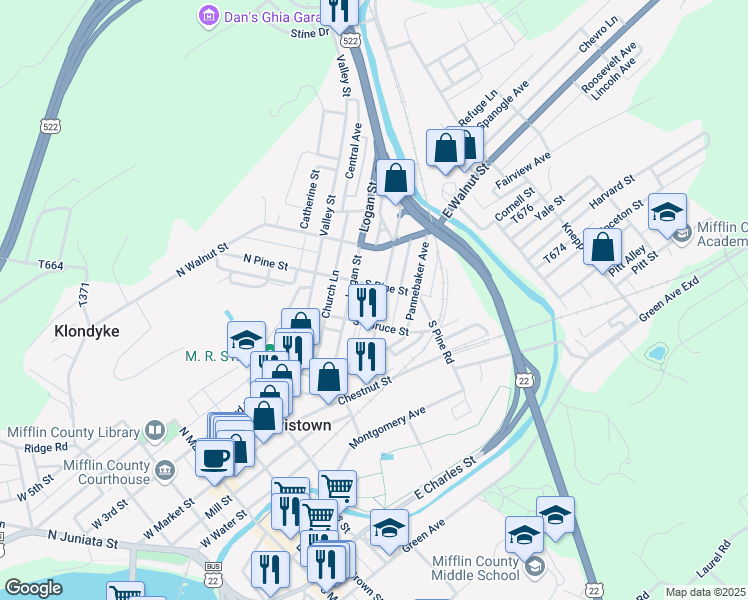 map of restaurants, bars, coffee shops, grocery stores, and more near 127 Shaw Avenue in Lewistown
