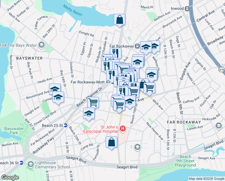 map of restaurants, bars, coffee shops, grocery stores, and more near in Queens