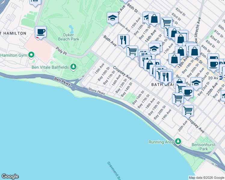 map of restaurants, bars, coffee shops, grocery stores, and more near 310 Bay 13th Street in Brooklyn