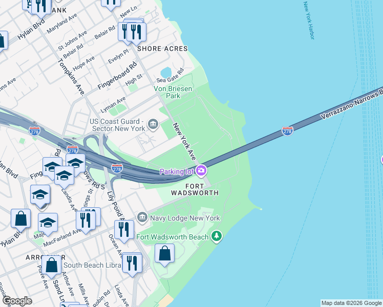 map of restaurants, bars, coffee shops, grocery stores, and more near 273 New York Avenue in Staten Island