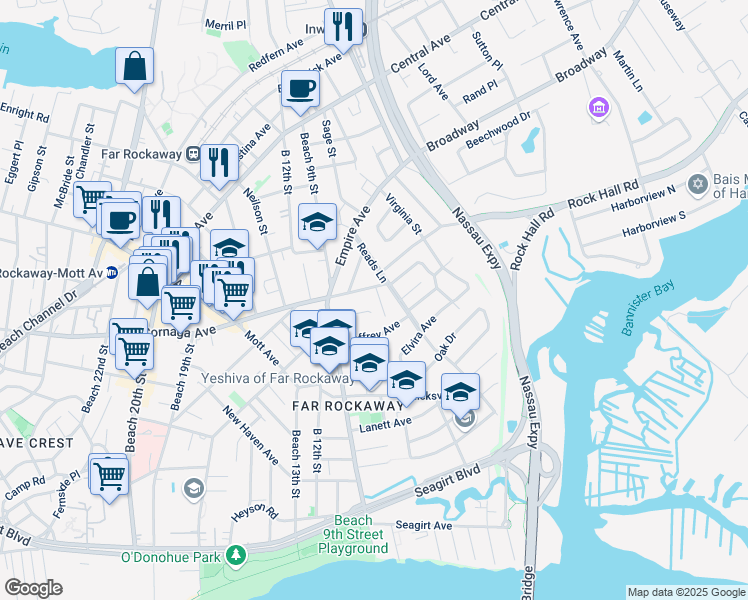 map of restaurants, bars, coffee shops, grocery stores, and more near 7-25 Reads Lane in Queens