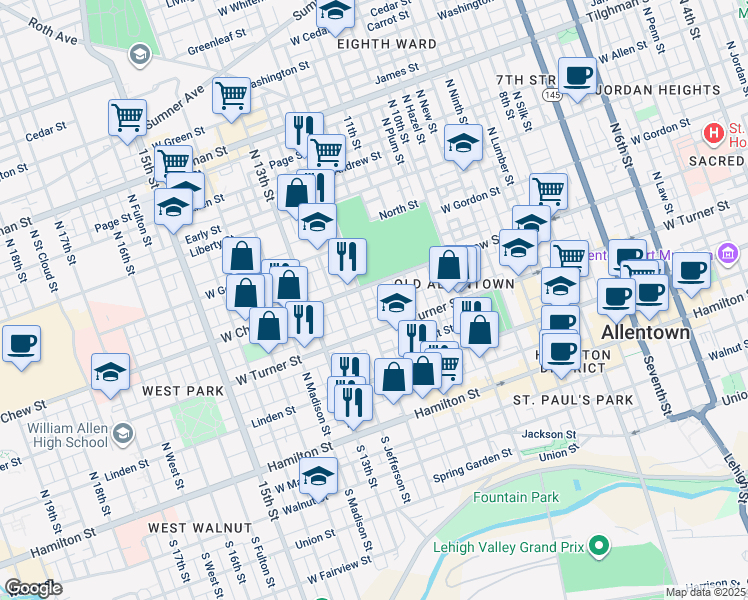 map of restaurants, bars, coffee shops, grocery stores, and more near 1141 Emmett Street in Allentown