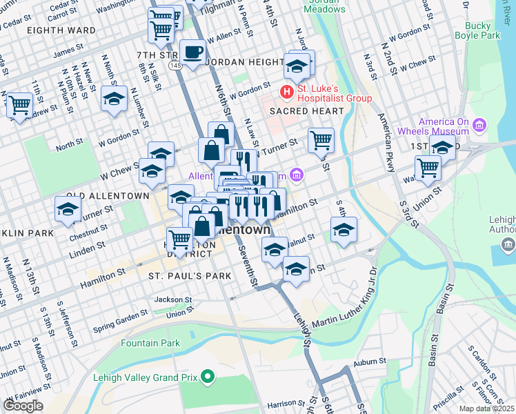 map of restaurants, bars, coffee shops, grocery stores, and more near 628W Linden Street in Allentown
