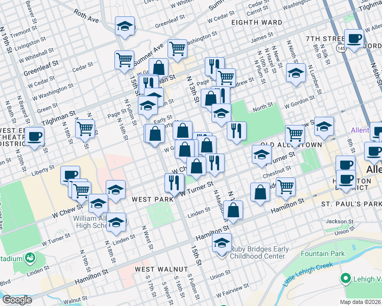 map of restaurants, bars, coffee shops, grocery stores, and more near 315 North 14th Street in Allentown