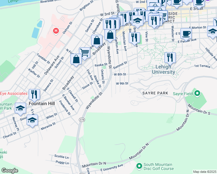 map of restaurants, bars, coffee shops, grocery stores, and more near 907 Wyandotte Street in Bethlehem