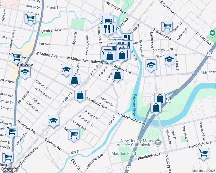 map of restaurants, bars, coffee shops, grocery stores, and more near 127 East Emerson Avenue in Rahway