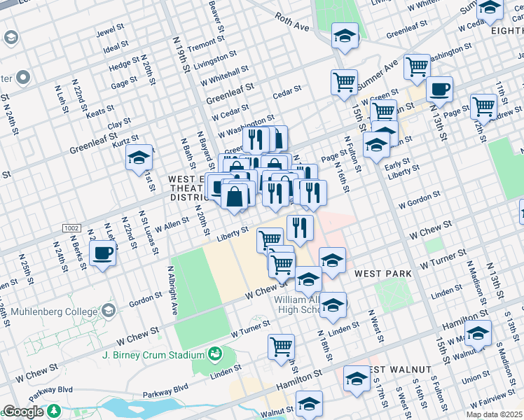 map of restaurants, bars, coffee shops, grocery stores, and more near 514 North 18th Street in Allentown