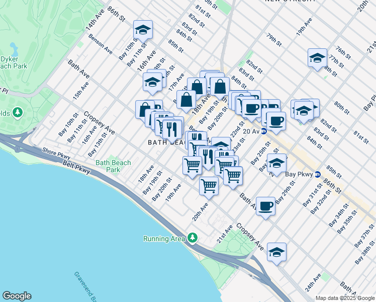 map of restaurants, bars, coffee shops, grocery stores, and more near 138 Bay 20th Street in Brooklyn