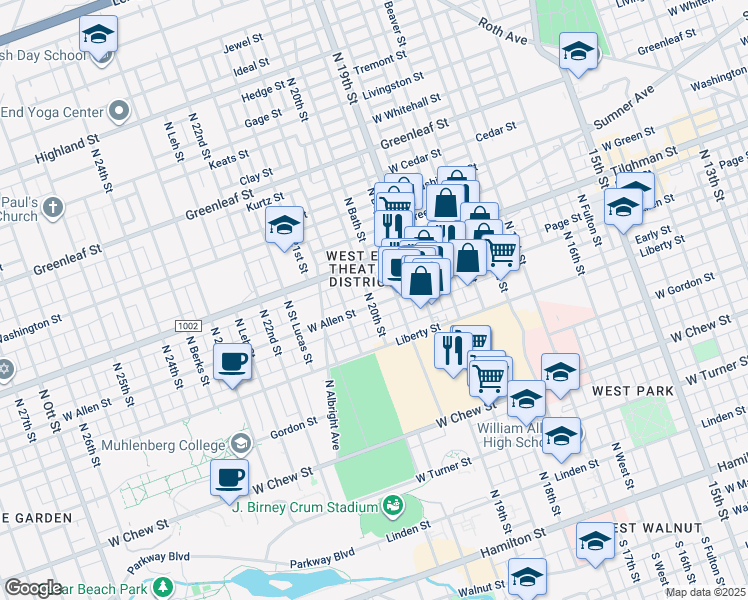 map of restaurants, bars, coffee shops, grocery stores, and more near 1949 Allen Street in Allentown