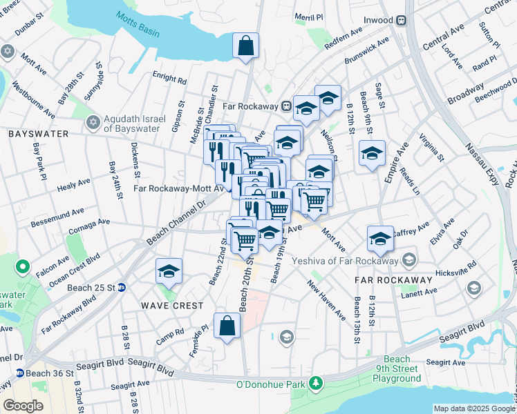 map of restaurants, bars, coffee shops, grocery stores, and more near 1046 Beach 21st Street in Queens