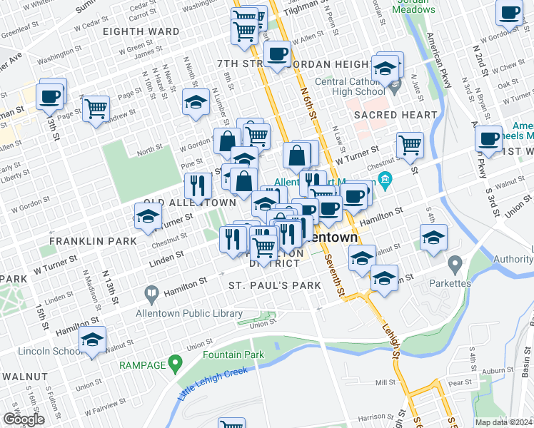 map of restaurants, bars, coffee shops, grocery stores, and more near 813 Webster Street in Allentown