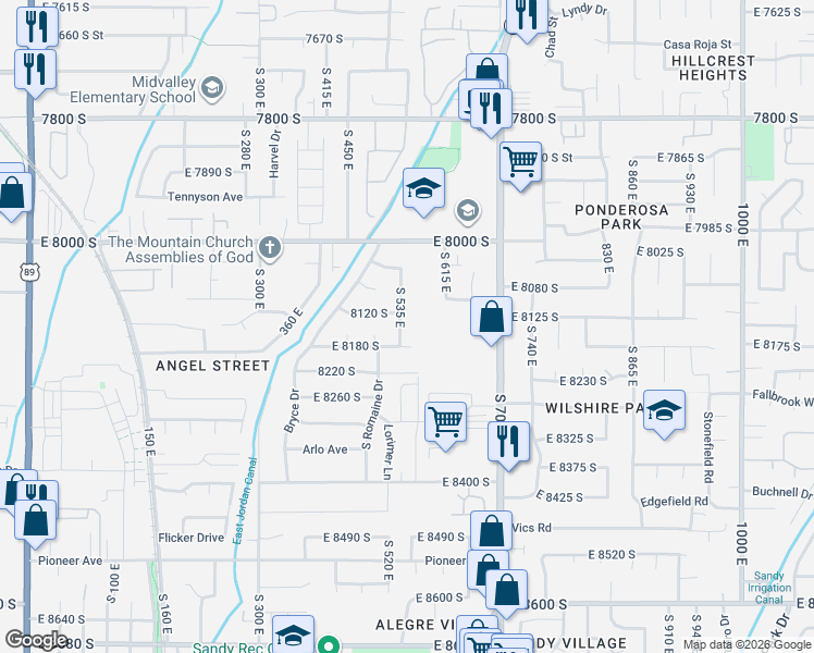 map of restaurants, bars, coffee shops, grocery stores, and more near 8143 South 535 East in Sandy