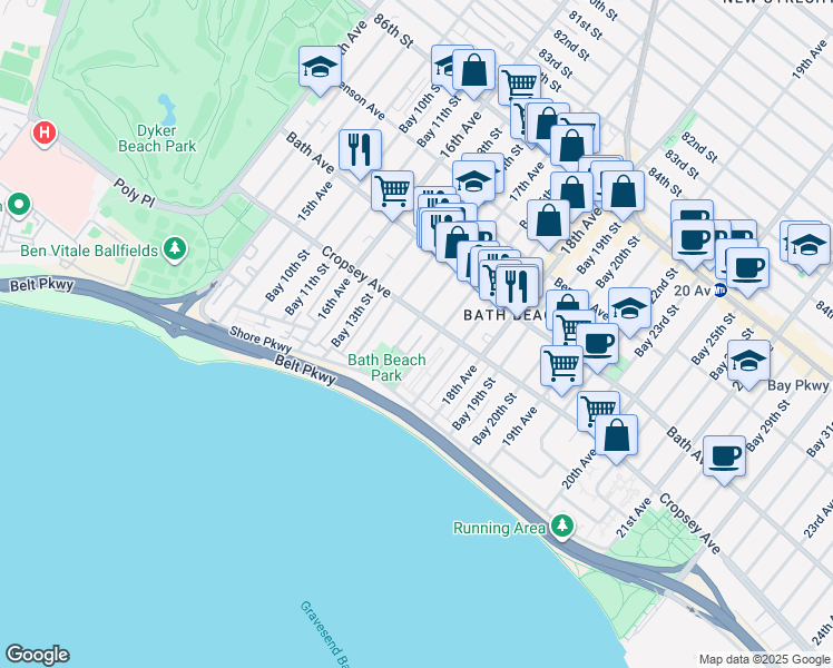 map of restaurants, bars, coffee shops, grocery stores, and more near 8849 17th Avenue in Brooklyn