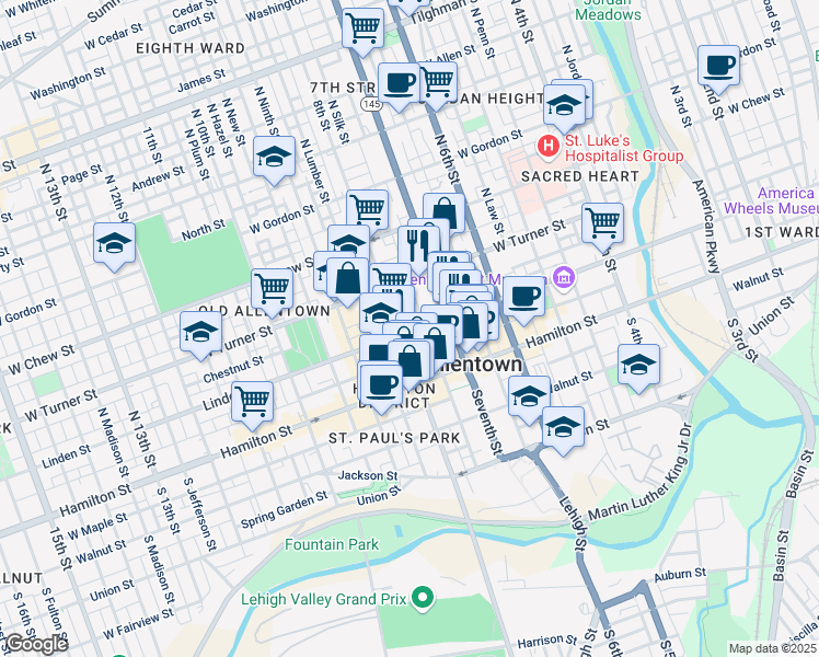 map of restaurants, bars, coffee shops, grocery stores, and more near 101 North Eighth Street in Allentown