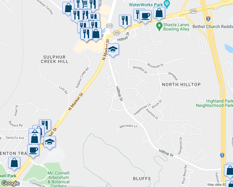 map of restaurants, bars, coffee shops, grocery stores, and more near 200 Ridgetop Drive in Redding