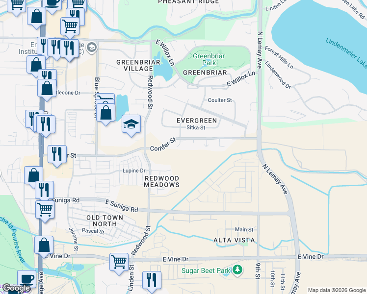 map of restaurants, bars, coffee shops, grocery stores, and more near 1200 Sugarpine Street in Fort Collins