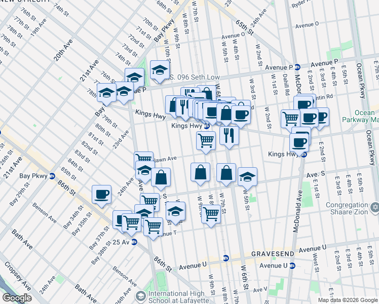 map of restaurants, bars, coffee shops, grocery stores, and more near 1789 West 9th Street in Brooklyn