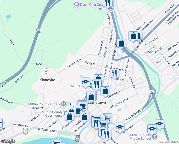 map of restaurants, bars, coffee shops, grocery stores, and more near 3 Pine Park Drive in Lewistown