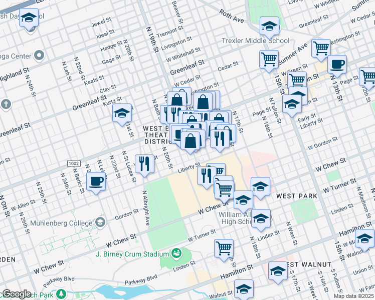 map of restaurants, bars, coffee shops, grocery stores, and more near 1919 West Allen Street in Allentown