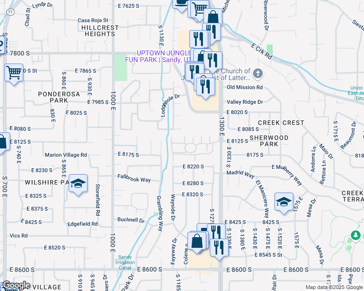 map of restaurants, bars, coffee shops, grocery stores, and more near 8149 Cottonwood Hills Cir in Sandy