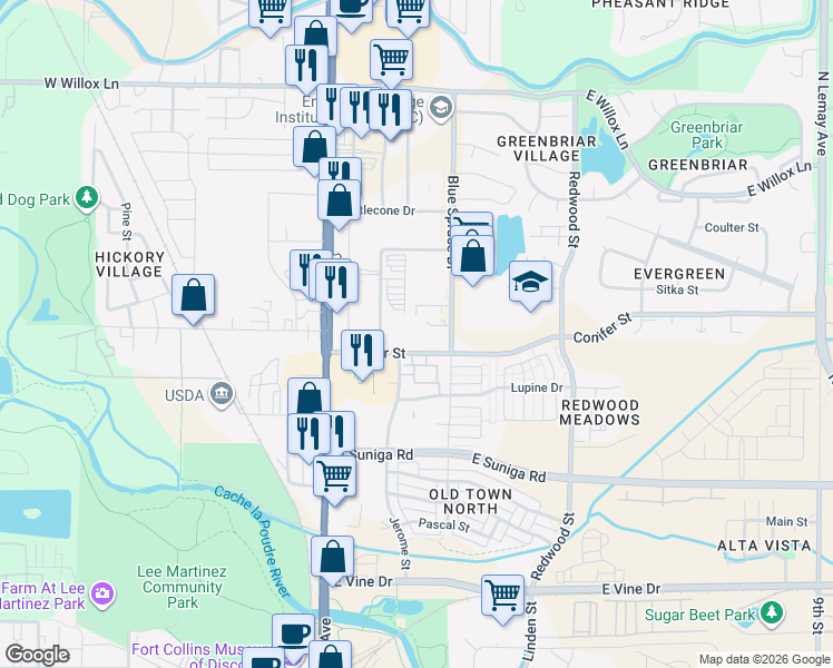 map of restaurants, bars, coffee shops, grocery stores, and more near 218 Conifer Street in Fort Collins