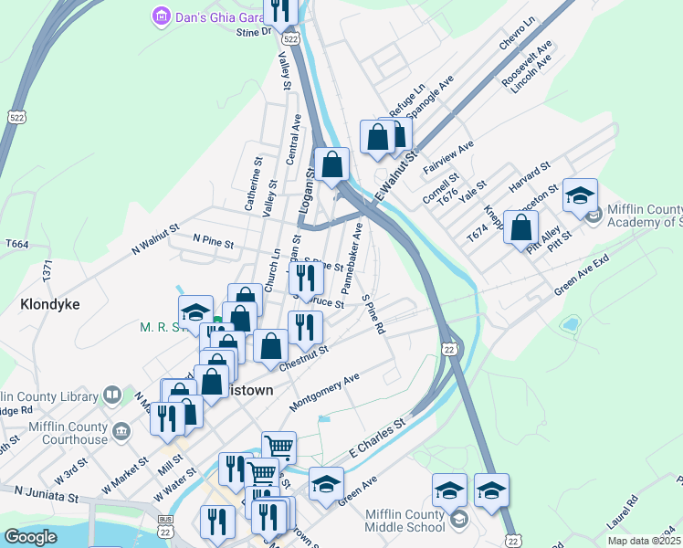 map of restaurants, bars, coffee shops, grocery stores, and more near 43 Pannebaker Avenue in Lewistown