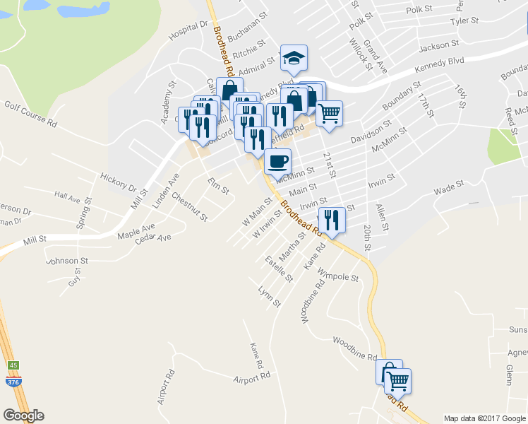 map of restaurants, bars, coffee shops, grocery stores, and more near 2315 W Main St in Aliquippa