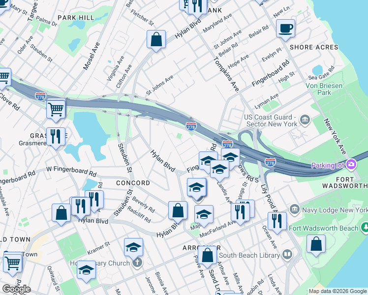 map of restaurants, bars, coffee shops, grocery stores, and more near 51 Claradon Lane in Staten Island