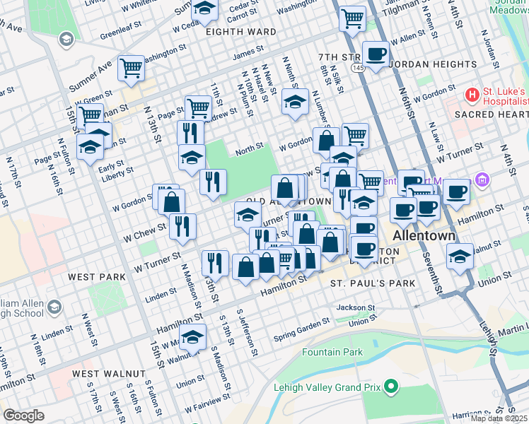 map of restaurants, bars, coffee shops, grocery stores, and more near 215-217 North 11th Street in Allentown